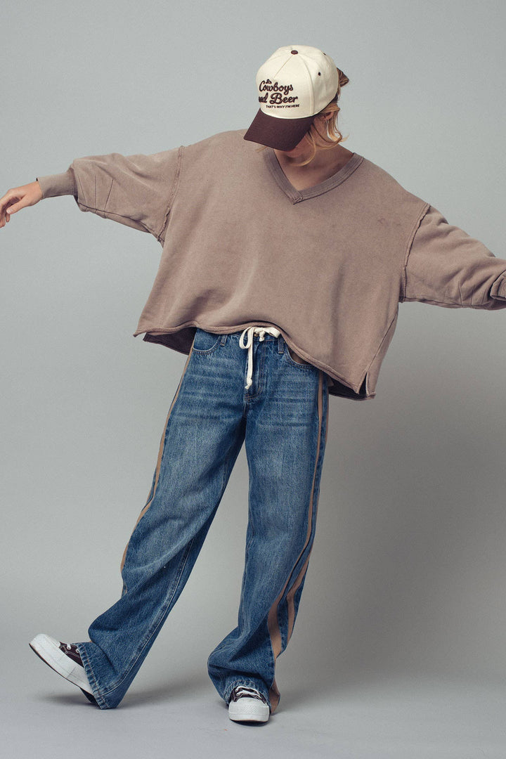Mocha Raw Edge V-Neck Oversized Sweatshirt