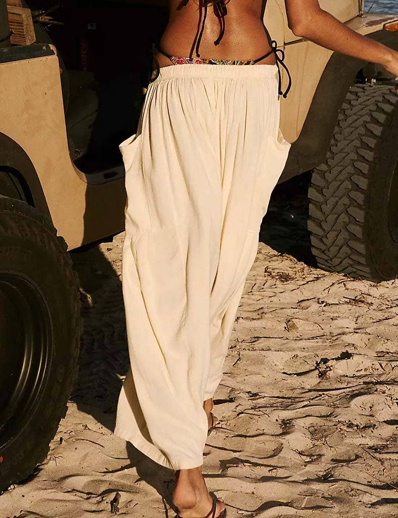White Elastic Waist Loose Pants
