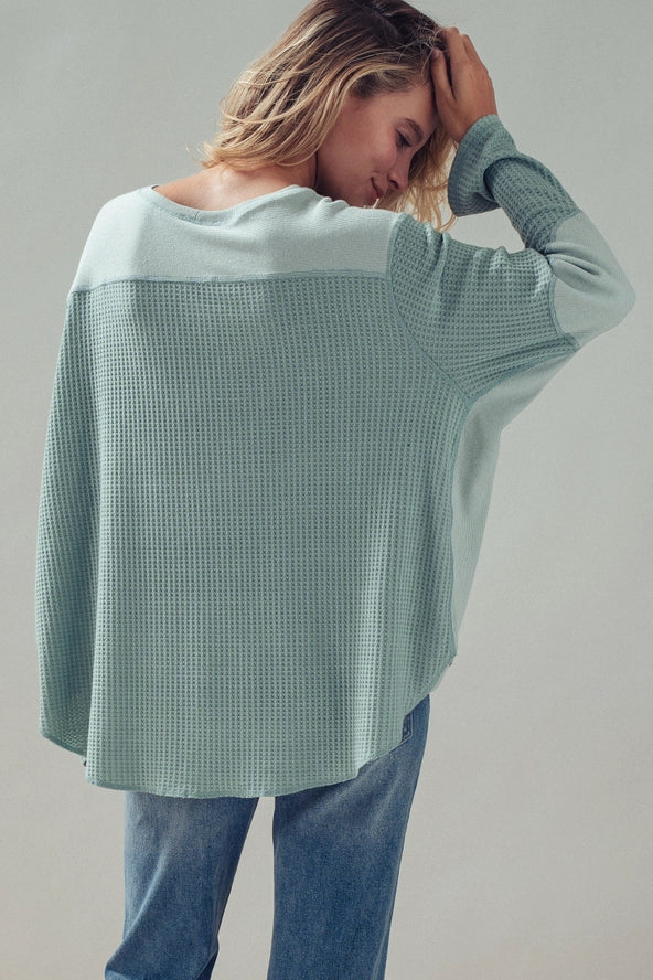 Oversized Sage Waffle Knit High-Low Tunic Top