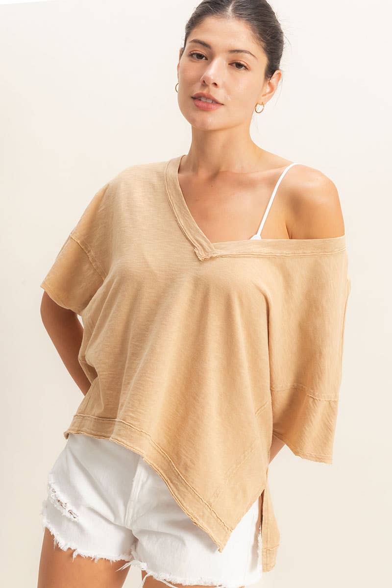 Oversized V-Neck Short Sleeve Top - Dark Taupe