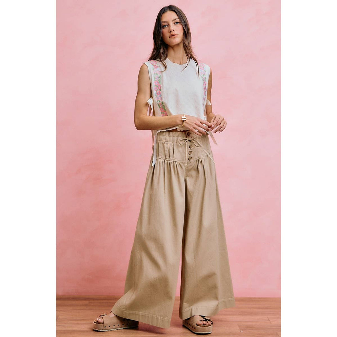 Wide leg Oatmeal Denim Pants w/ Pintuck Waist