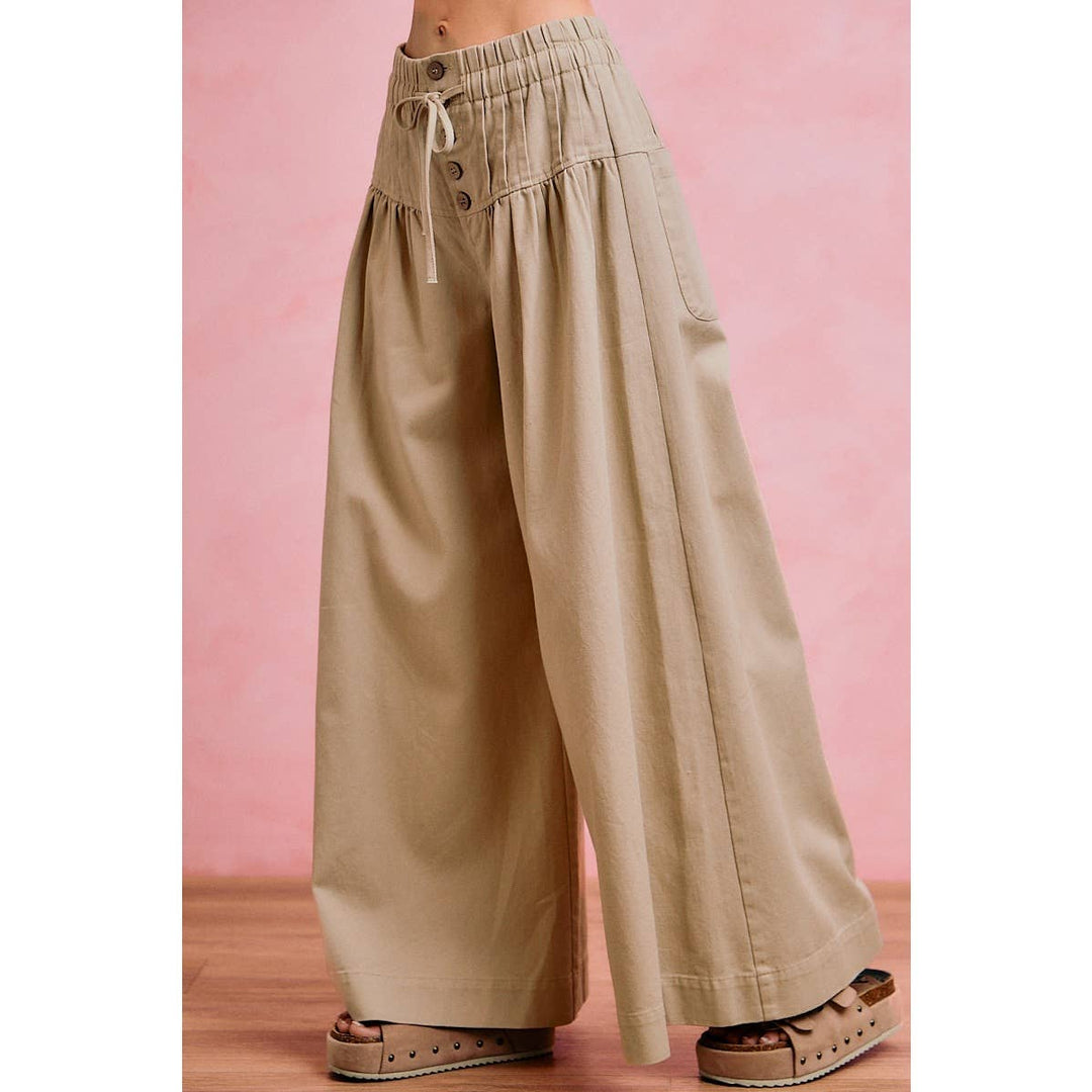 Wide leg Oatmeal Denim Pants w/ Pintuck Waist