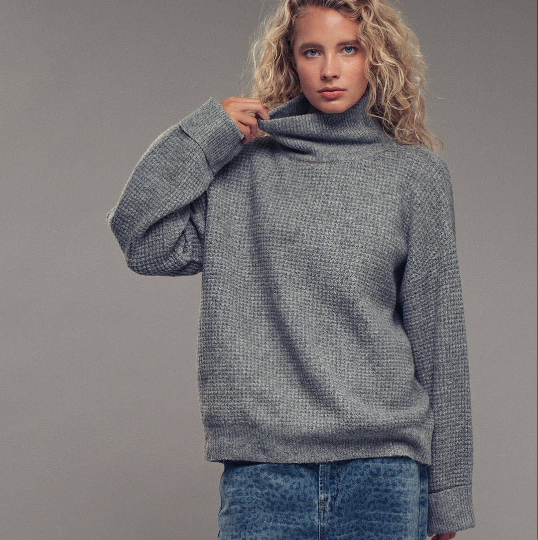 Grey Waffle Knit High Neck Sweater