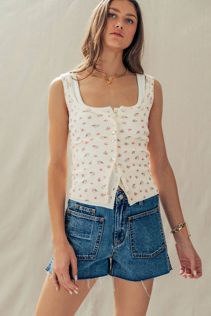 Apricot Ribbed Cotton Button-Front Picot Trim Tank