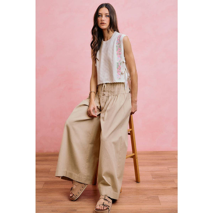 Wide leg Oatmeal Denim Pants w/ Pintuck Waist