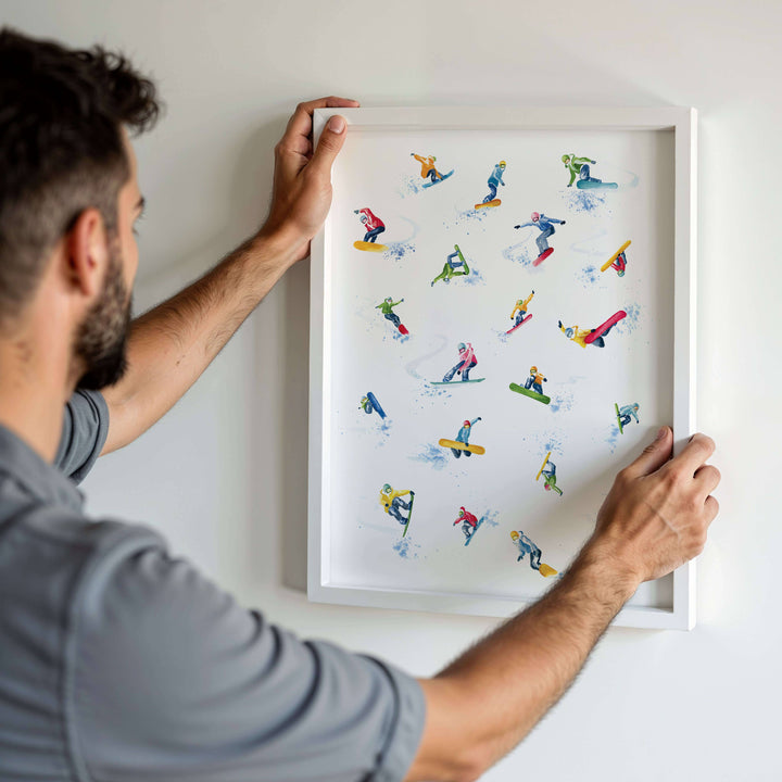 Colorful Snowboarder Tricks Watercolor Art Print
