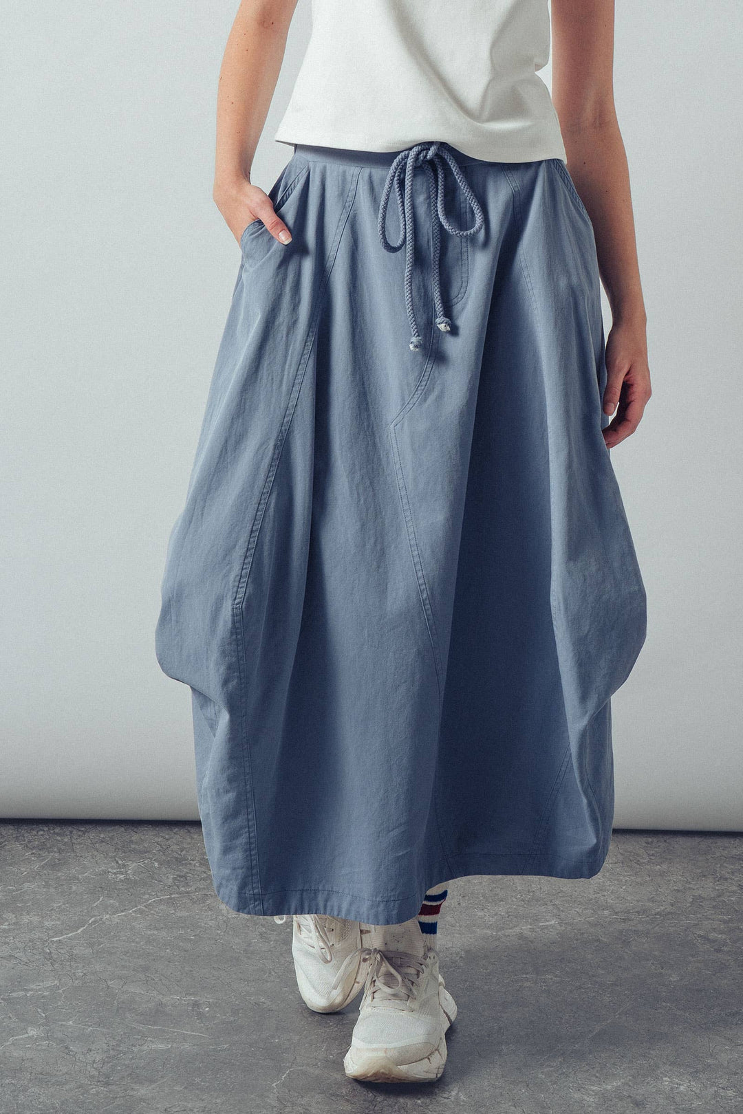 Balloon Hem Drawstring Blue Maxi Skirt