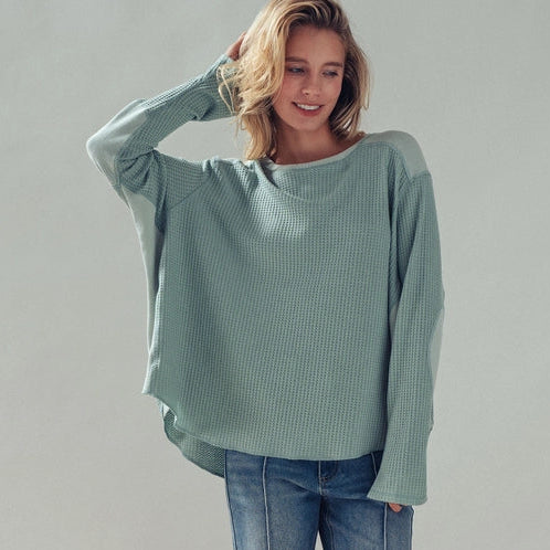 Oversized Sage Waffle Knit High-Low Tunic Top
