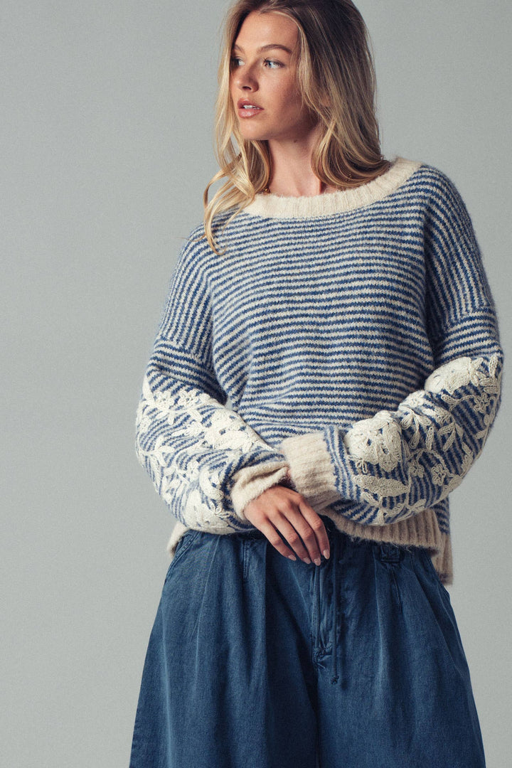 Floral Embroidered Blue Striped Knit Sweater