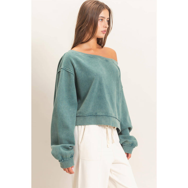 Teal Raw Edge Off The Shoulder Sweatshirt