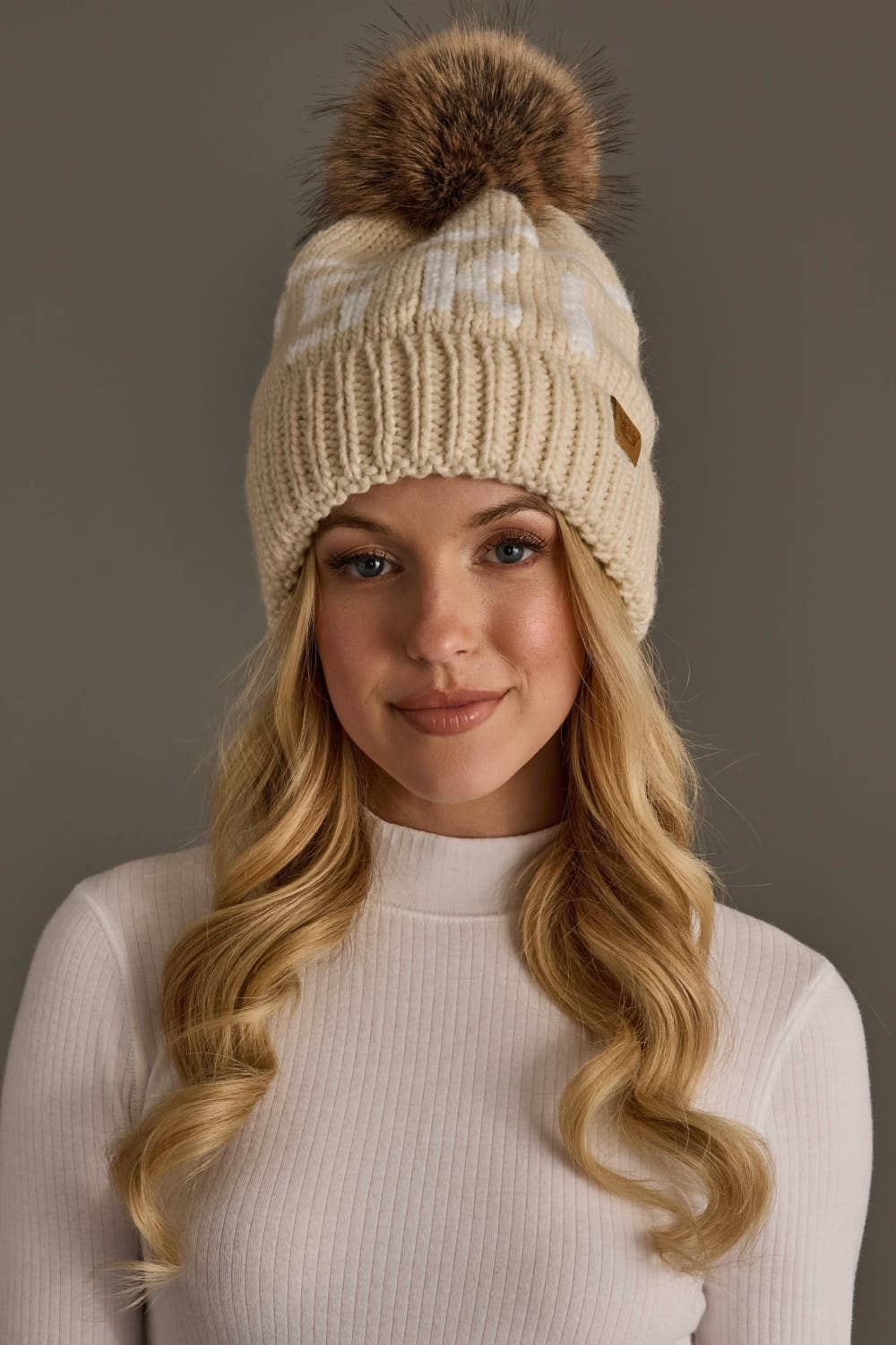 Lt. Tan & Ivory Ski Pom Hat