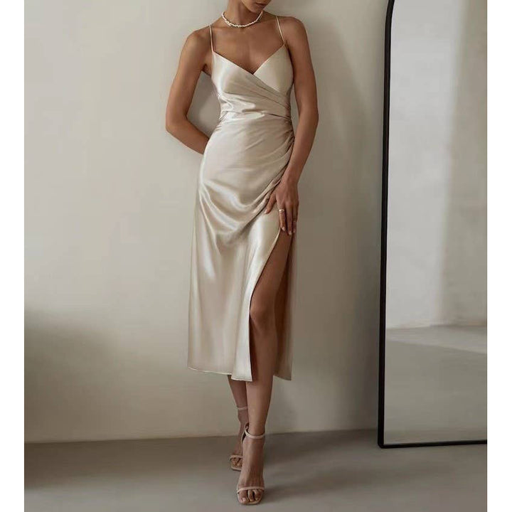 Satin Halter Slit Dress
