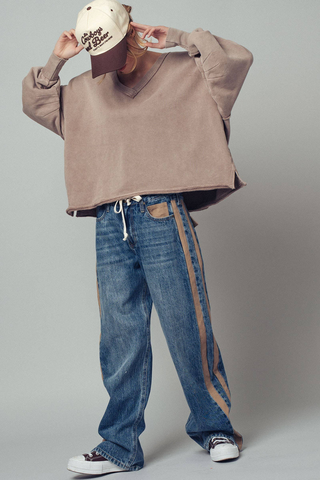 Mocha Raw Edge V-Neck Oversized Sweatshirt