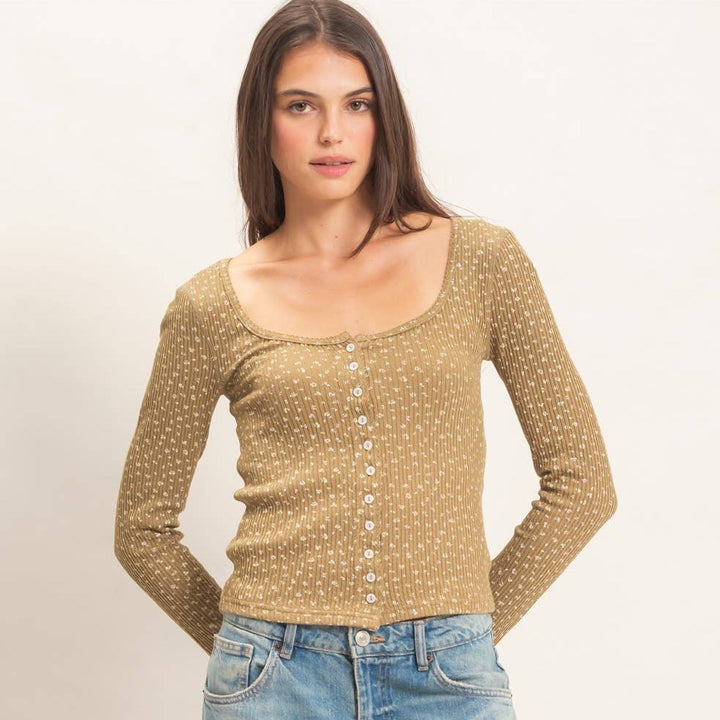 Olive Floral Square Neck Top