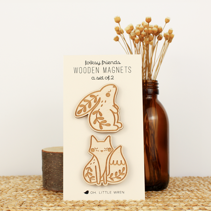 Fox + Rabbit Wood Forest Animal Magnet Pair