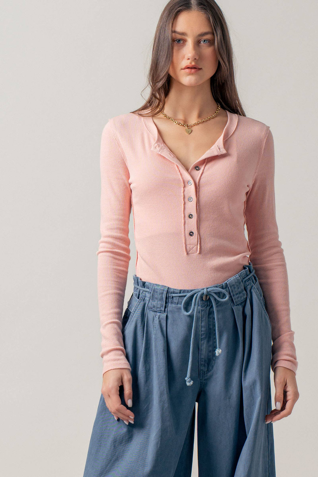 Ribbed Henley Long Sleeve Top - 3 colors