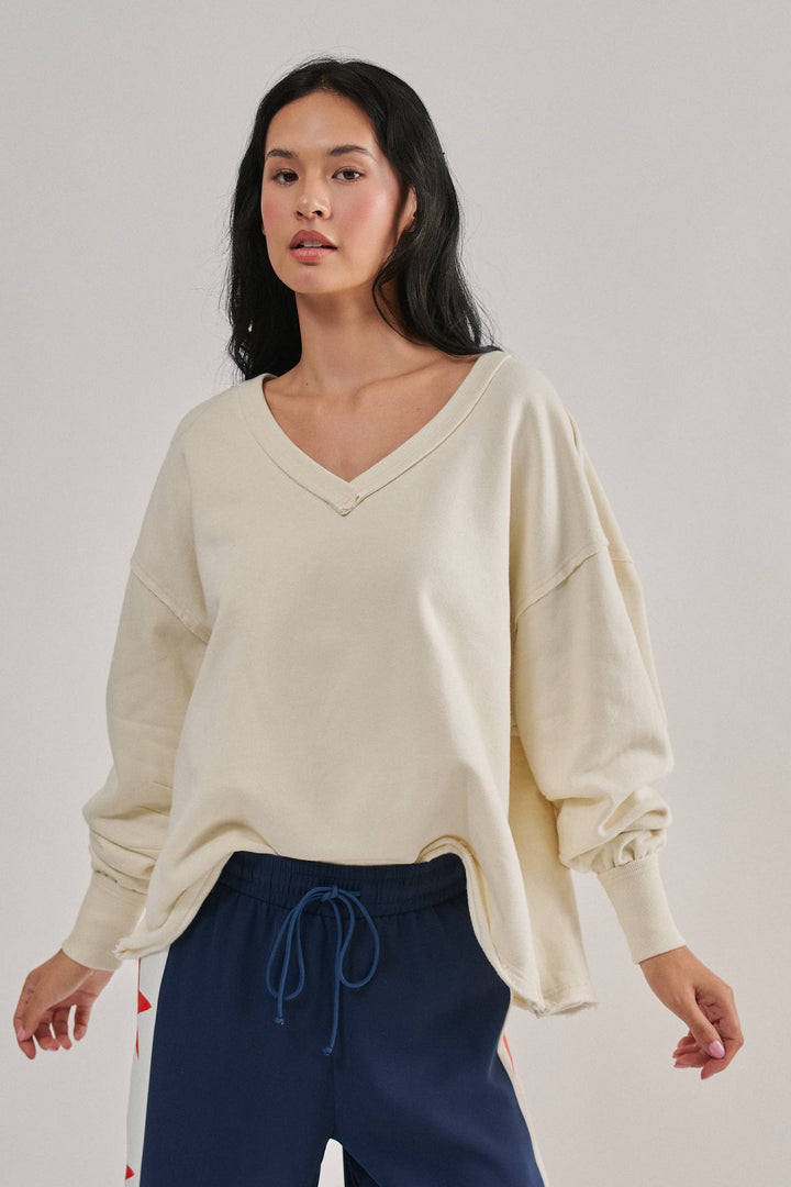 Chalk Raw Edge V-Neck Oversized Sweatshirt