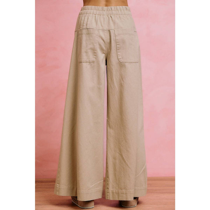 Wide leg Oatmeal Denim Pants w/ Pintuck Waist