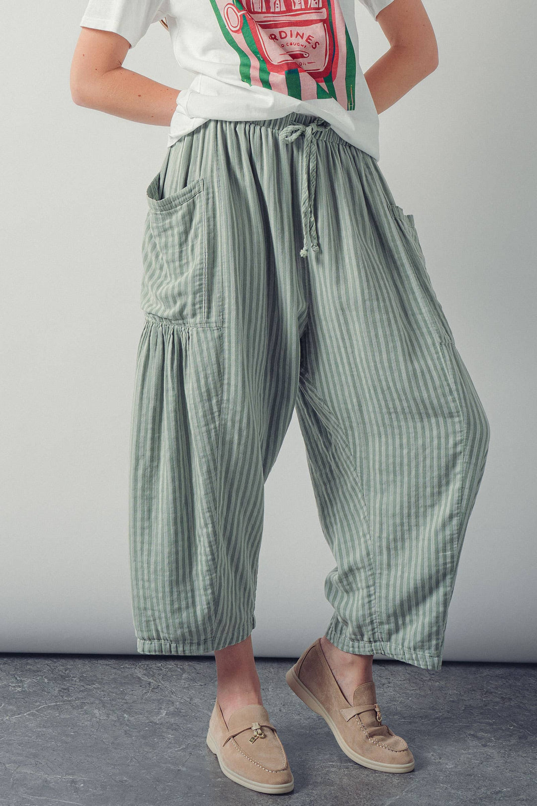 Sage Striped Cotton Drawstring Harem Pants
