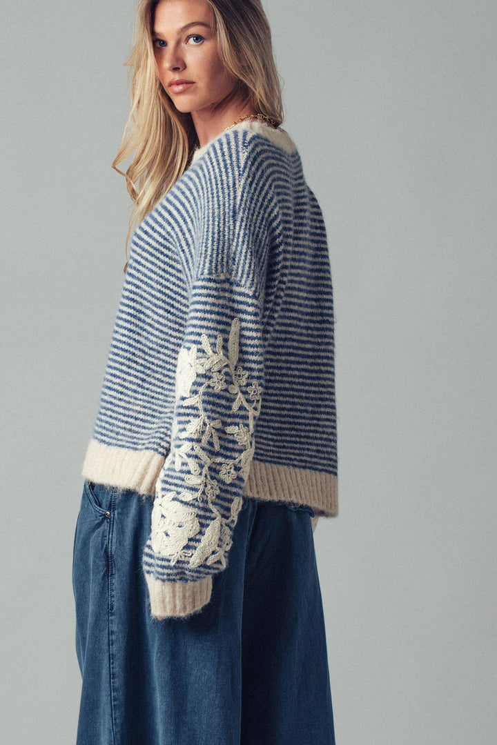 Floral Embroidered Blue Striped Knit Sweater