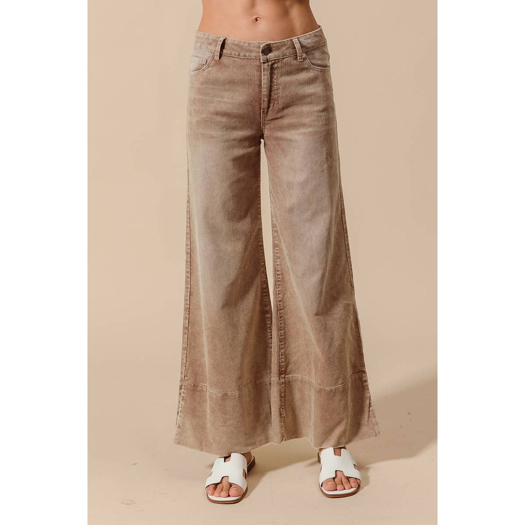 Wide Leg Flared Washed Cord Pants - Taupe or Sage