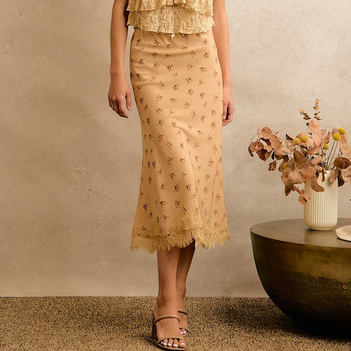 Satin Floral & Lace Trim Midi Skirt