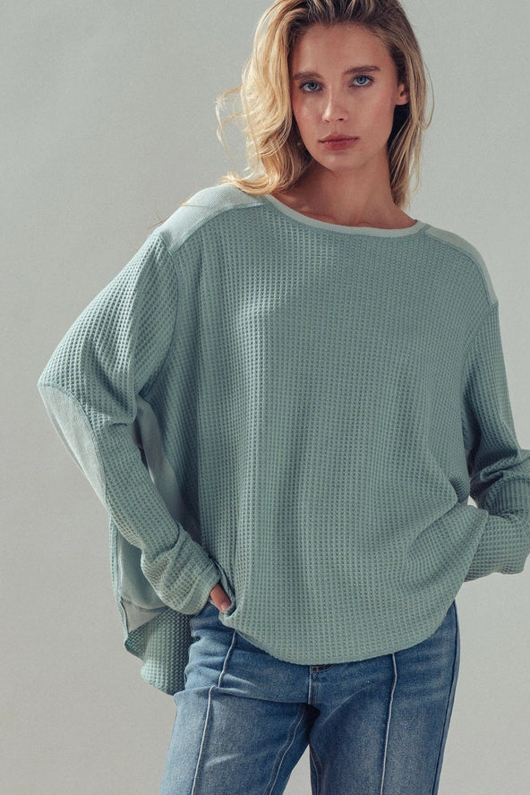 Oversized Sage Waffle Knit High-Low Tunic Top