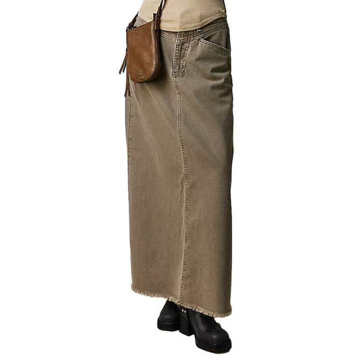 Army Green Washed Raw Hem Denim Maxi Skirt