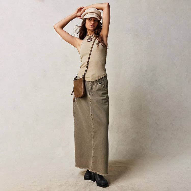 Army Green Washed Raw Hem Denim Maxi Skirt