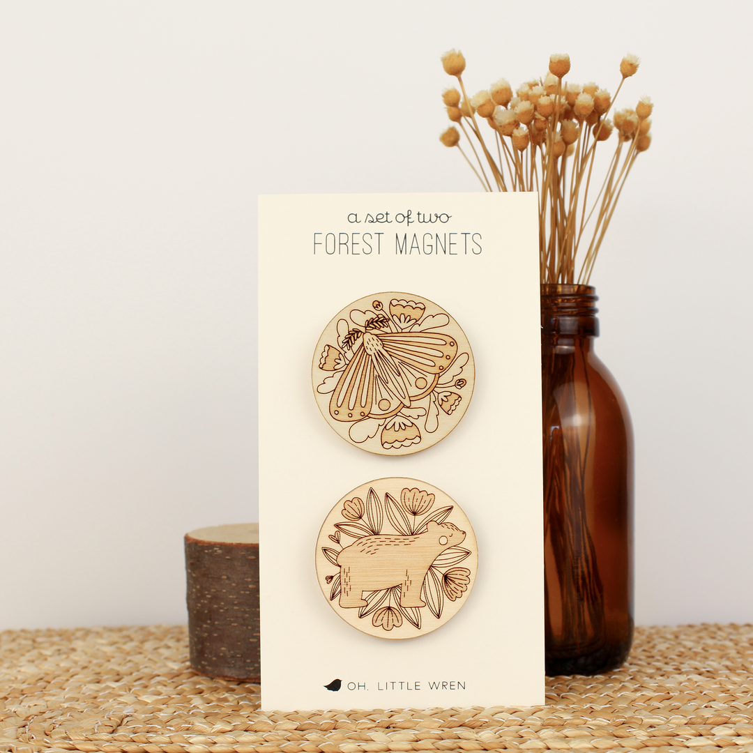 Bear + Moth Wood Forest Animal Magnet Pair Nature Lover Gift