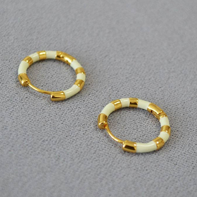 Beige & Gold Plated Enamel Hoop Earrings 
