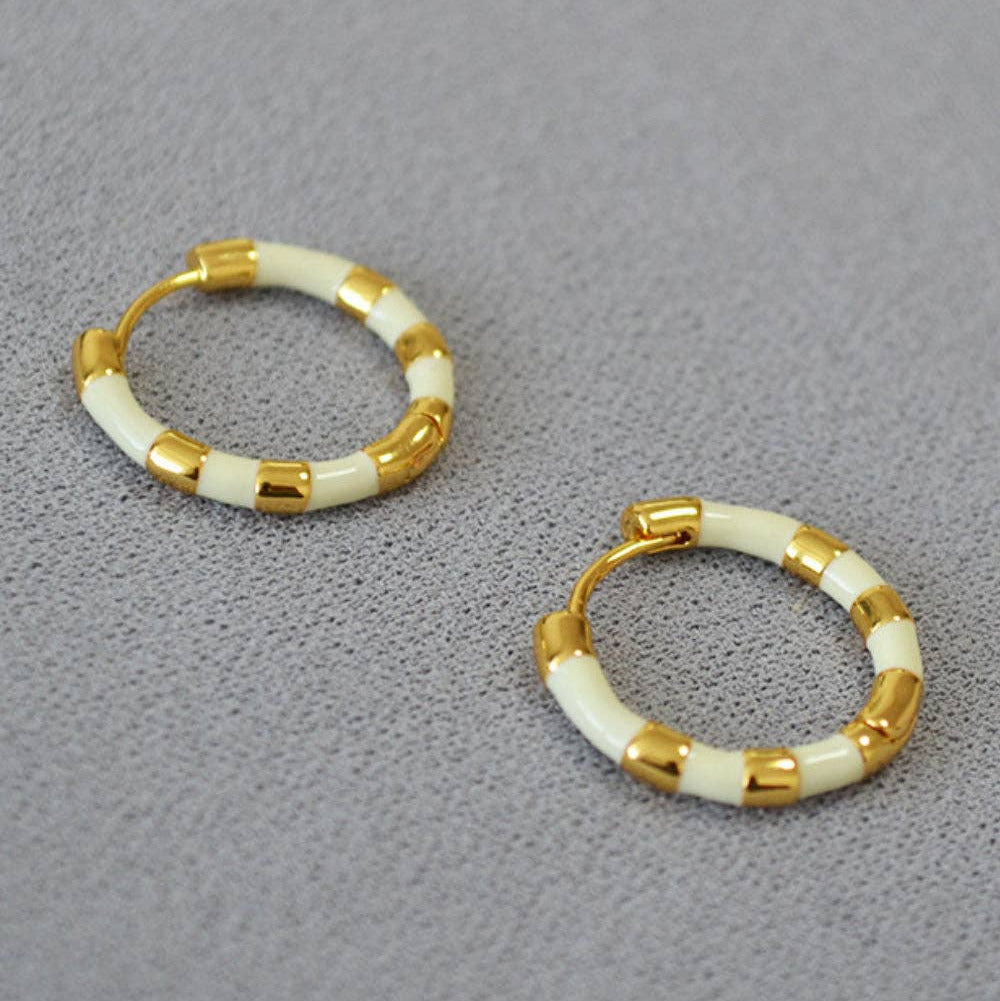 Beige & Gold Plated Enamel Hoop Earrings 