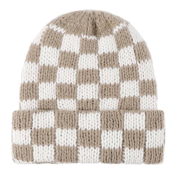 Beige Plaid Checkered Warm Knit Beanie