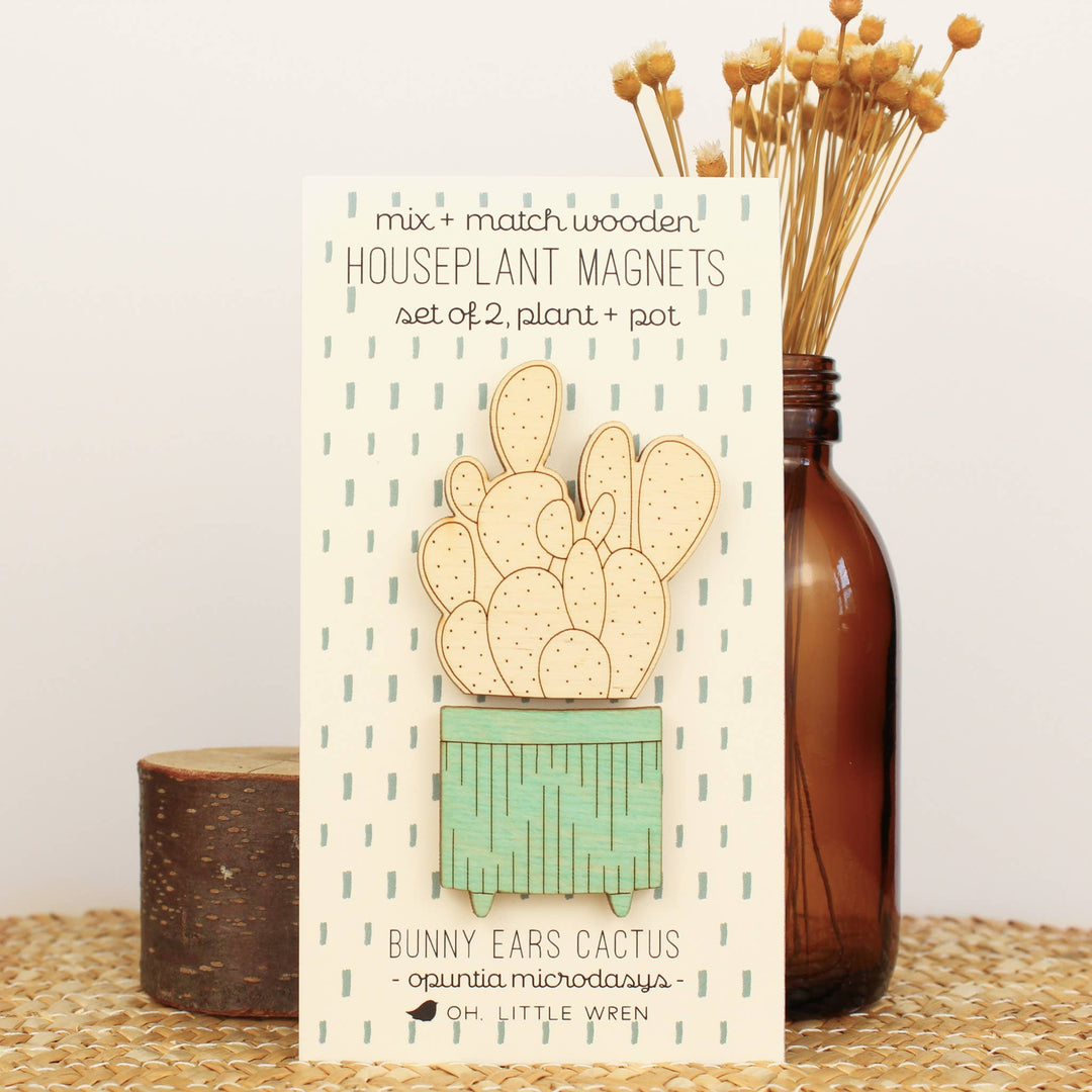 Bunny Ears Cactus Wood House Plant Magnets Plant Lover Gift