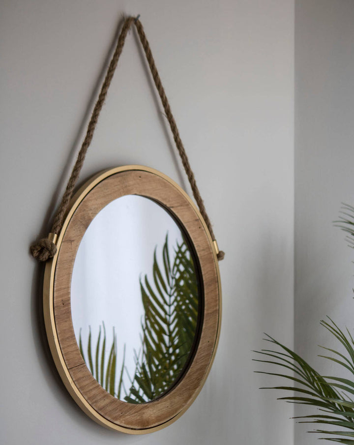 Copal Round Wall Mirror w/ Gold Edge & Jute Hanger