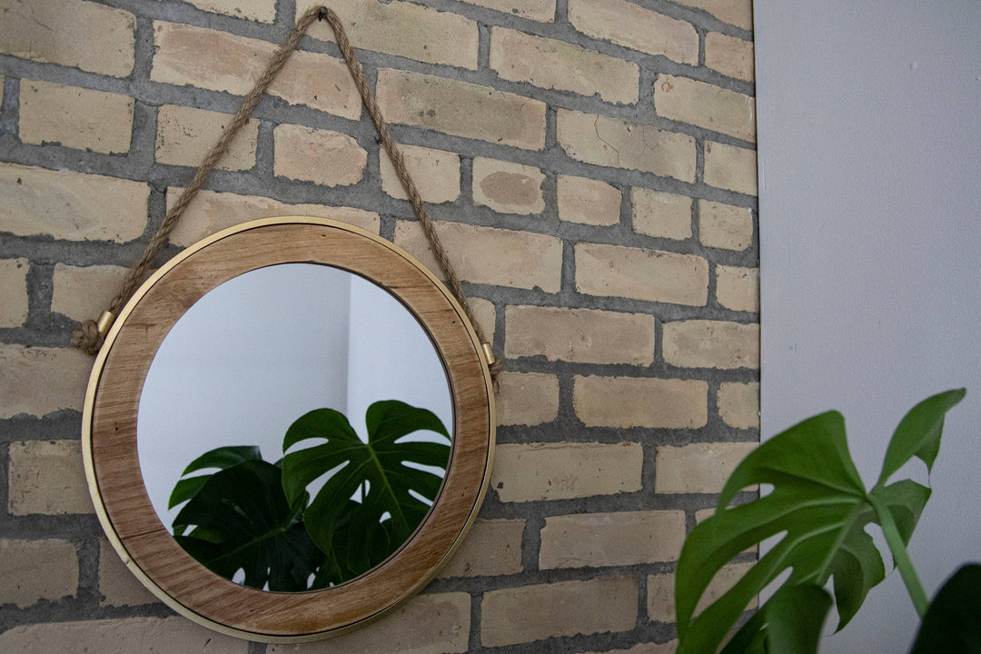 Copal Round Wall Mirror w/ Gold Edge & Jute Hanger