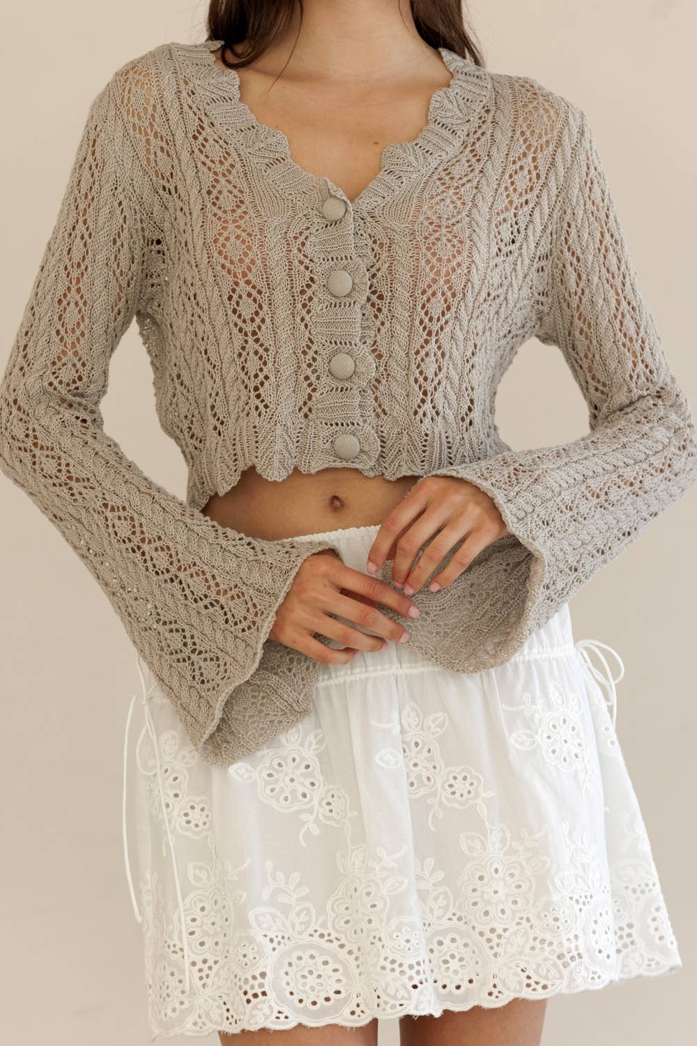 Cropped Lace Knit Grey Cardigan