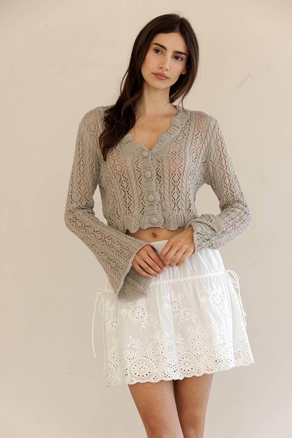 Cropped Lace Knit Grey Cardigan