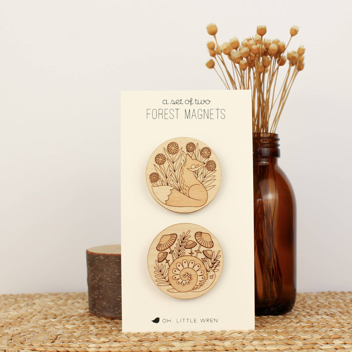 Fox + Snail Wood Forest Animal Magnet Pair Nature Lover Gift