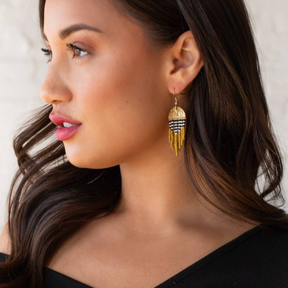 Gold & Mustard Beaded Fringe Earrings