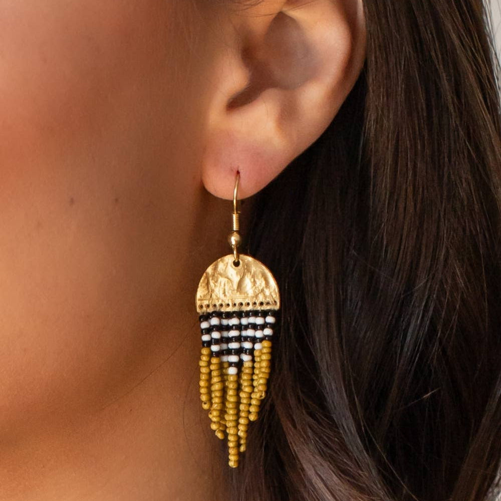 Gold & Mustard Beaded Fringe Earrings