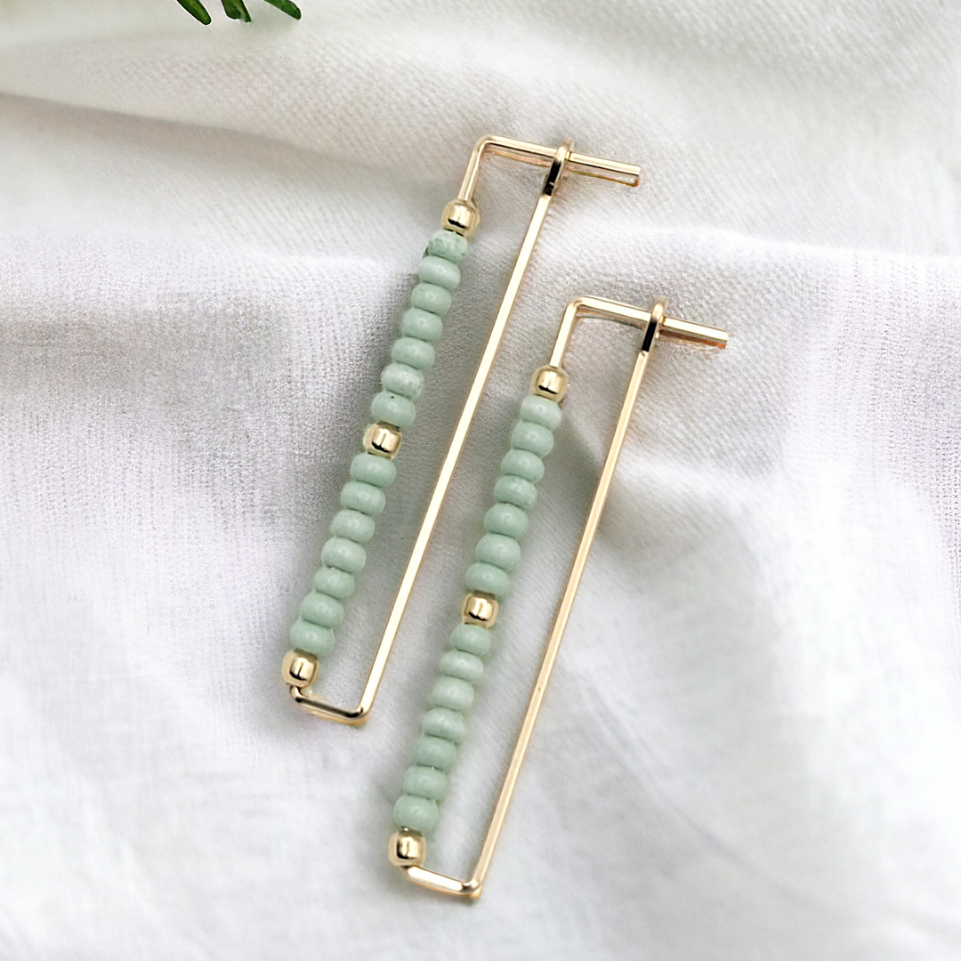Gold Rectangle Earrings with Mint Green Beads