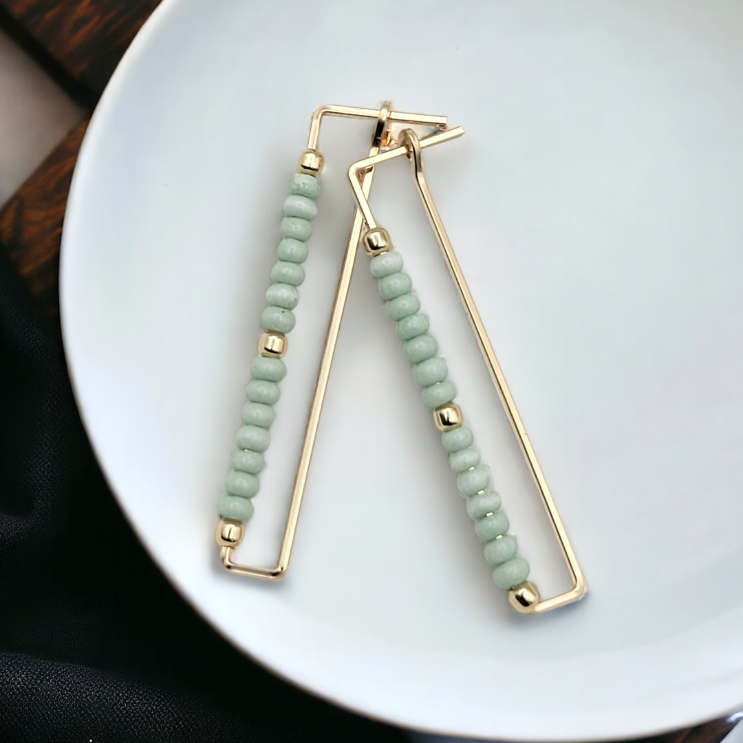 Gold Rectangle Earrings with Mint Green Beads