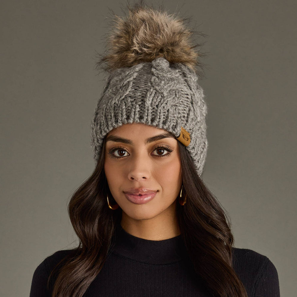 Gray Cable Knit Pom Pom Hat