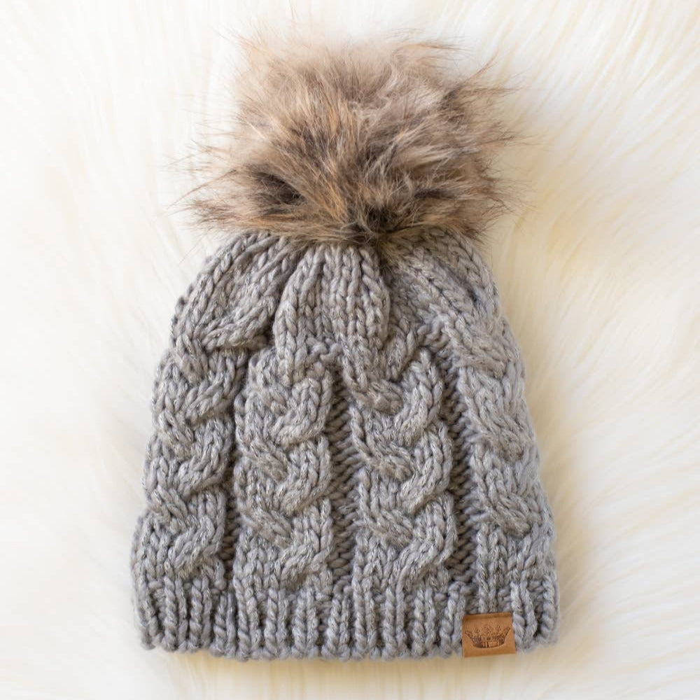 Gray Cable Knit Pom Pom Hat