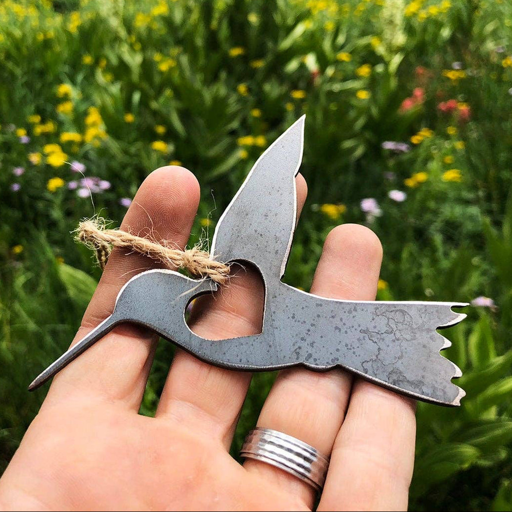 Hummingbird Raw Steel Ornament with Heart