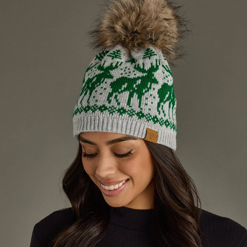 Lt. Gray & Green Reindeer Pom Pom Hat