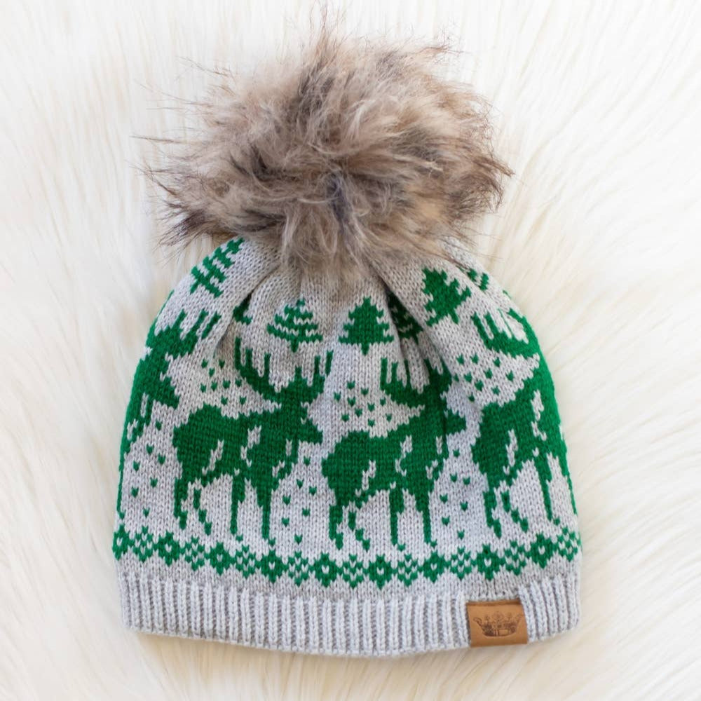 Lt. Gray & Green Reindeer Pom Pom Hat