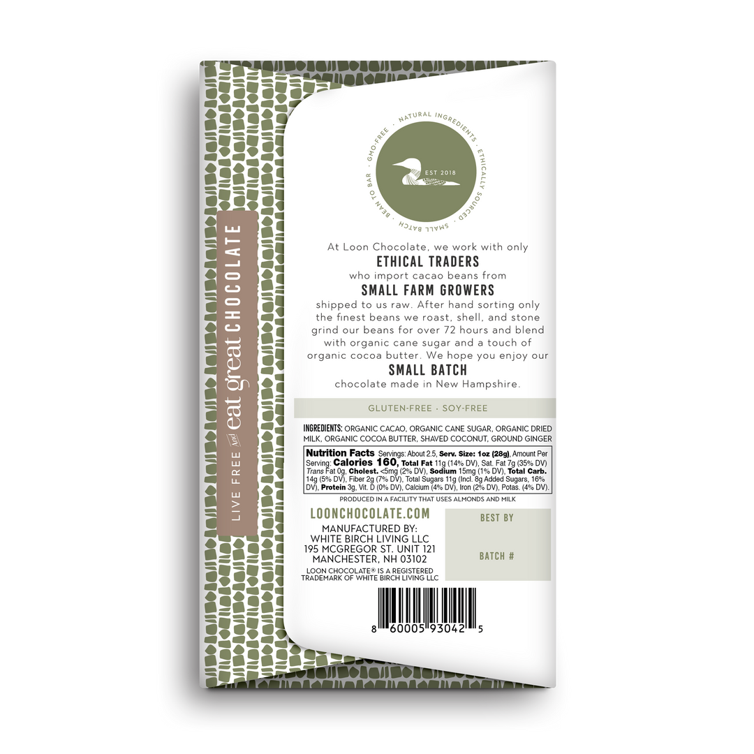 Milk Chocolate Bar with Coconut & Ginger from Loon Chocolate