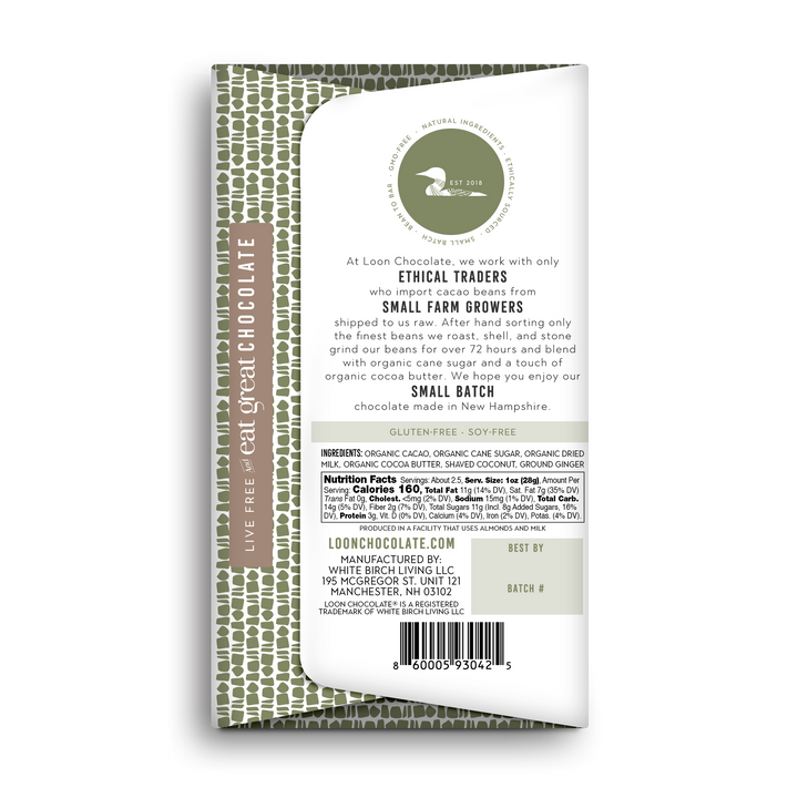 Milk Chocolate Bar with Coconut & Ginger from Loon Chocolate